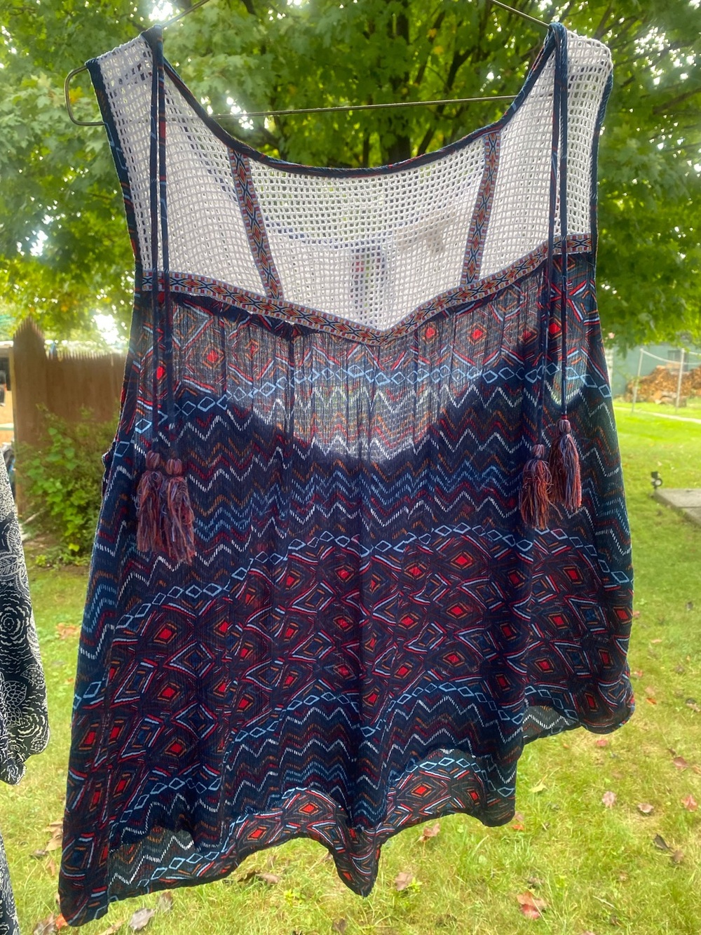 Democracy Navy Multi Crochet Yoke Tassel Tank